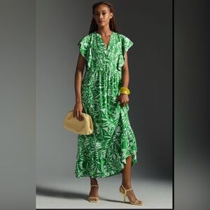 Anthropologie Maeve Green Leaf Print Dress Sz 1X